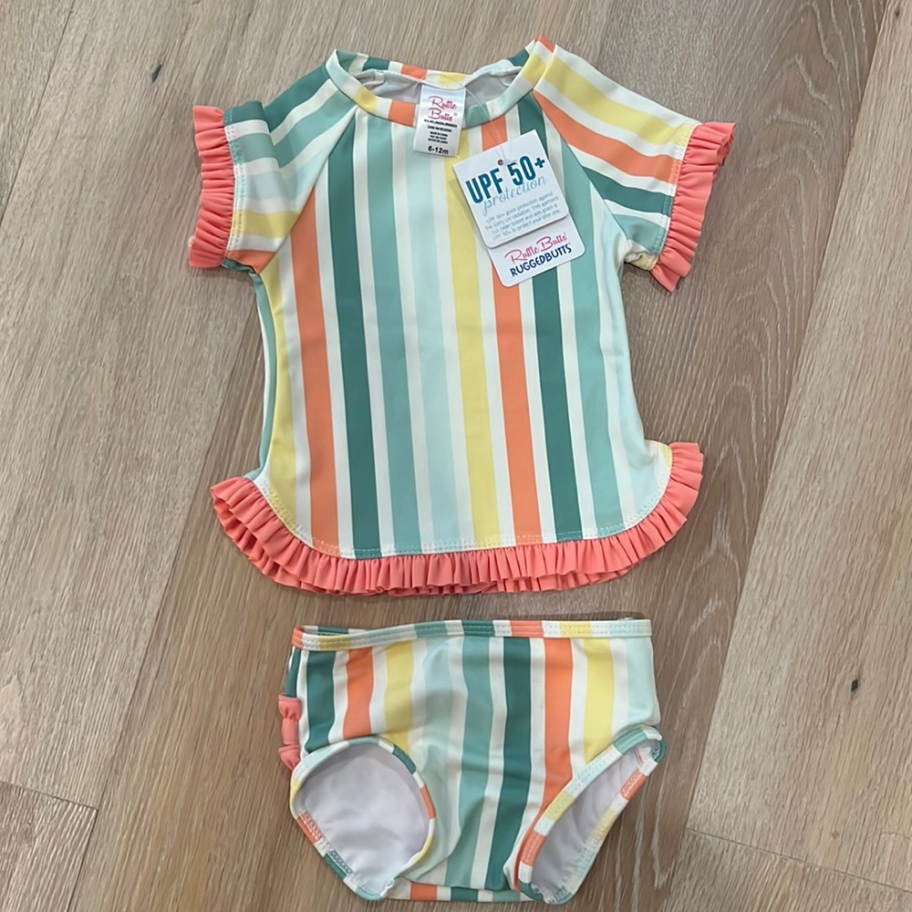 NWT Ruffle Butts Short Sleeve Rashguard Bikini UPF 50+ - Size 6-12M